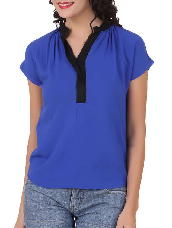 blue mandarin collar viscose top