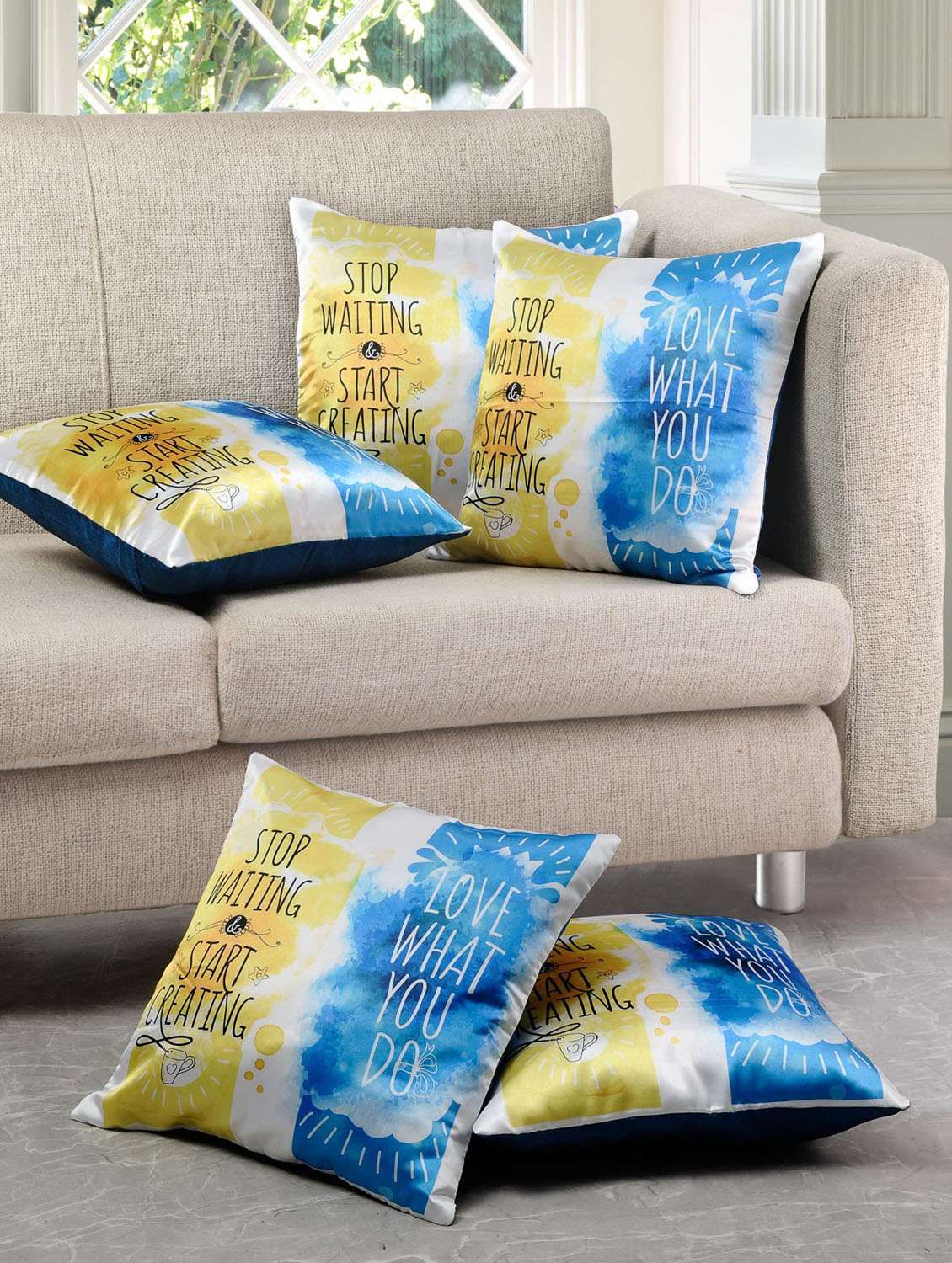 blue and yellow polysilk printed cushion cover (set of 5)