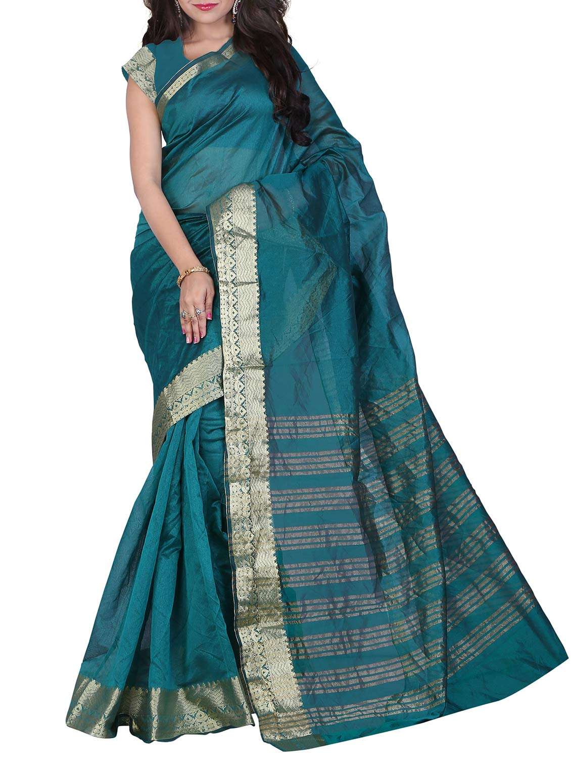 green silk bordered saree with blouse