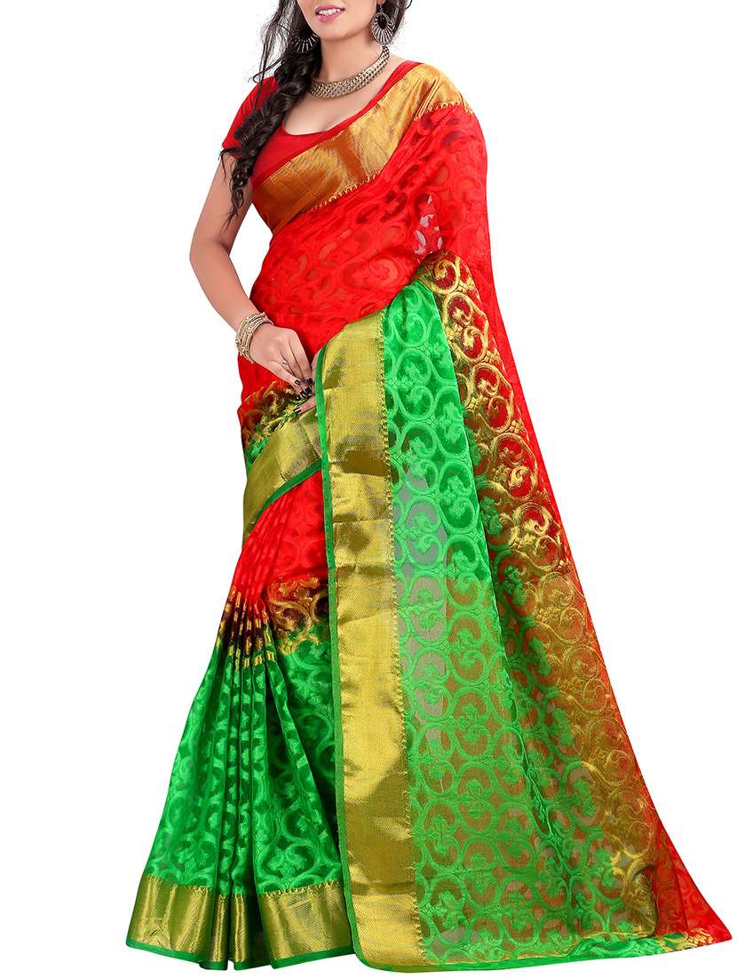 red silk blend woven saree with blouse