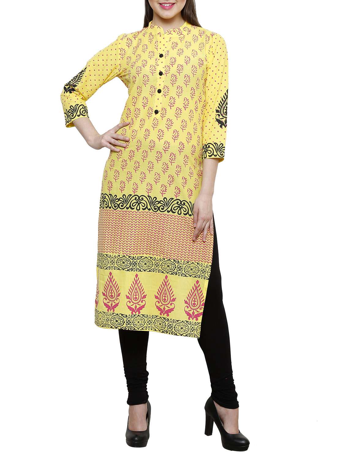 yellow printed cotton kurta