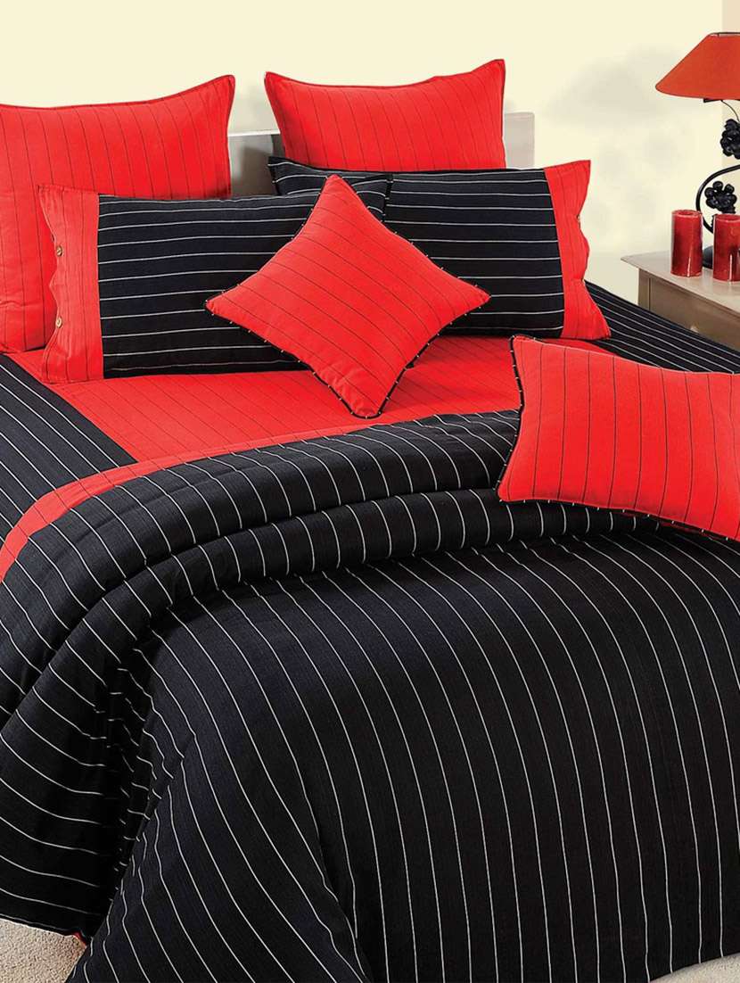 black and red stripes cotton bed sheet with pillow covers