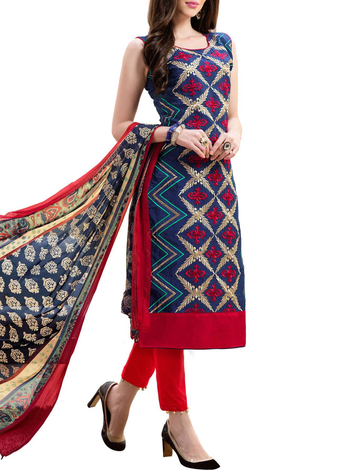 navy blue embroidered cotton blend unstitched suit set