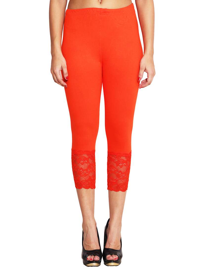 orange color, viscose capri with lace
