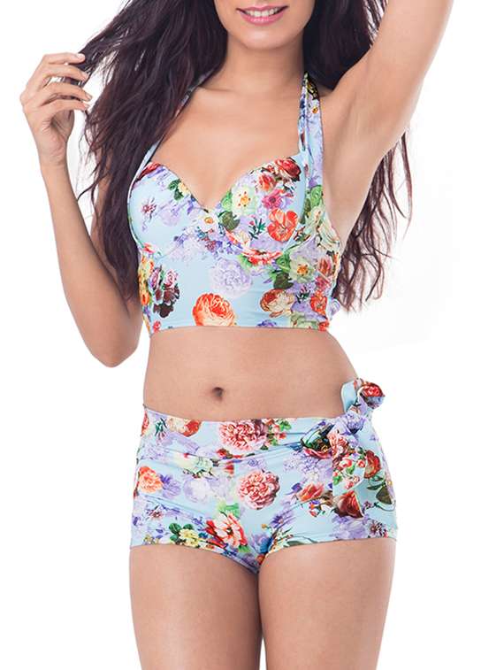 sky blue floral print nylon bikini