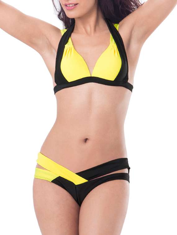 yellow and black colour block nylon bikini