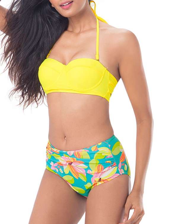 yellow floral print nylon bikini