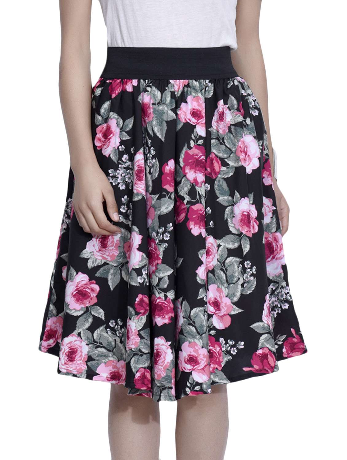 black crepe floral print skirt