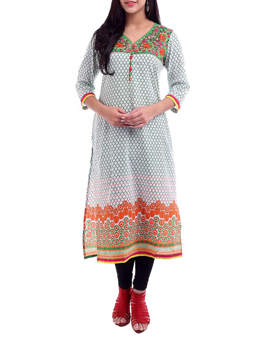 green printed zardosi embroidered cotton kurta
