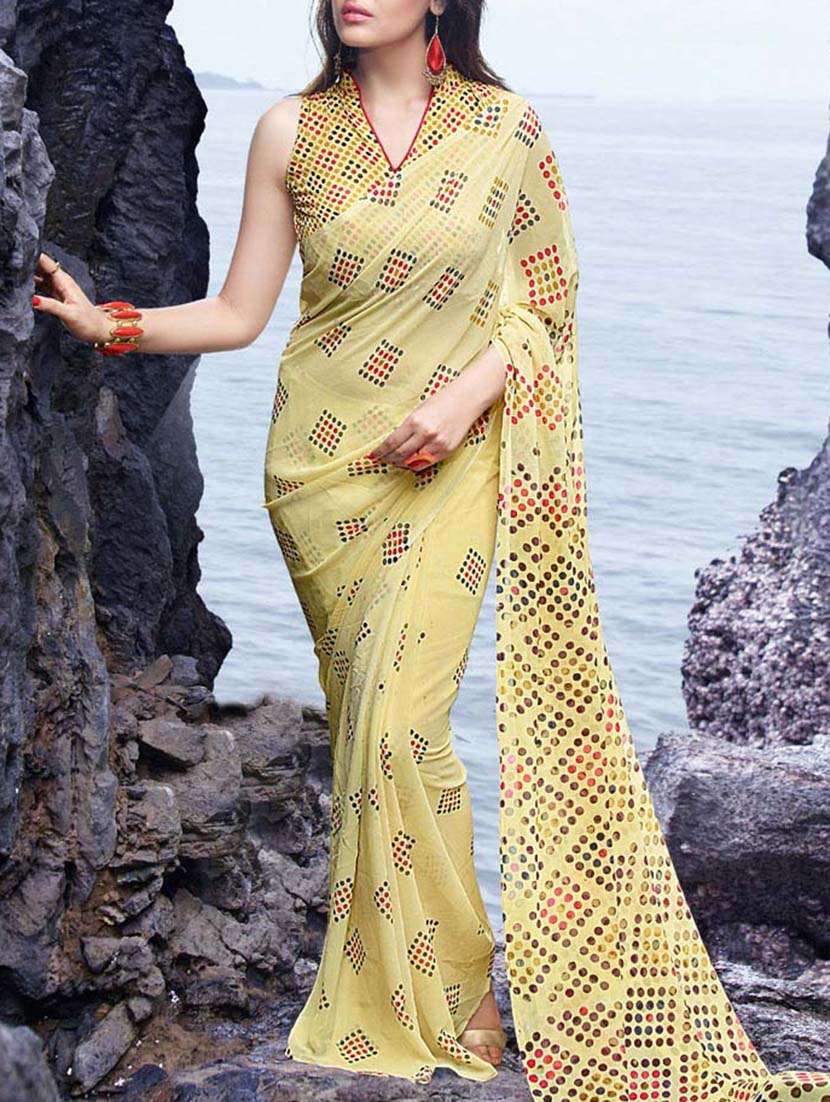 light yellow printed georgette saree