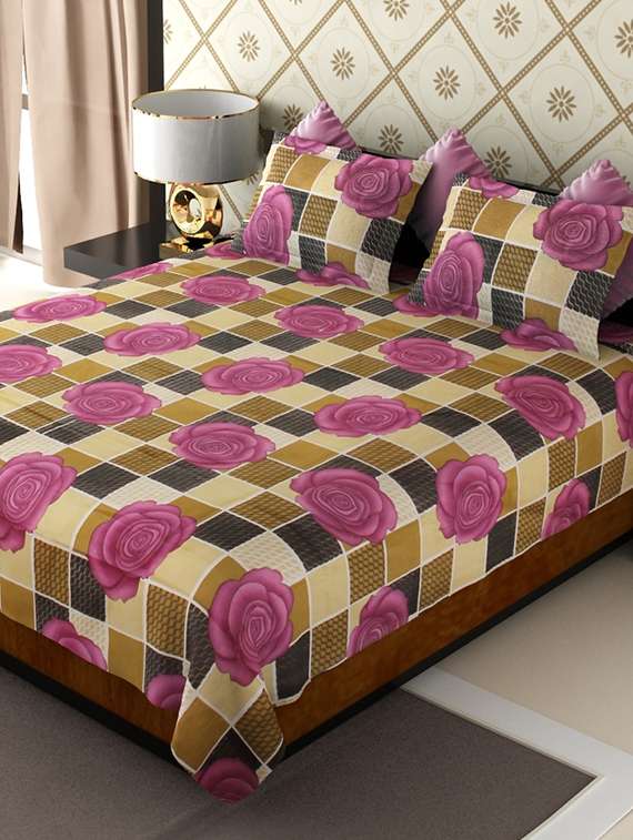 checks & purple floral double bed sheet with 2 pillow covers