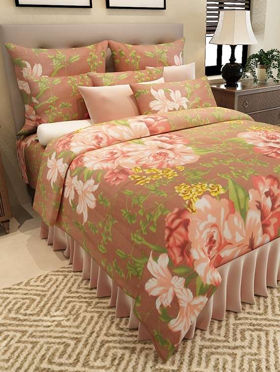 brown cotton printed double bedsheet set