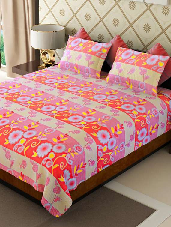 stripes & floral double bed sheet with 2 pillow covers