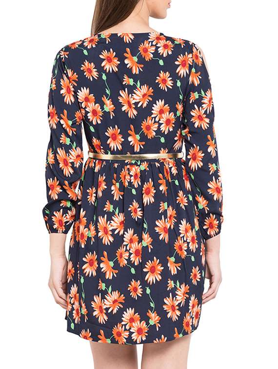navy blue crepe floral print belted dress - 11586055 -  Standard Image - 2