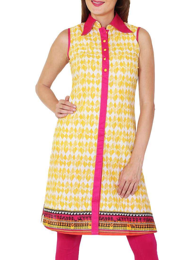 yellow cotton printed shirt collar kurta