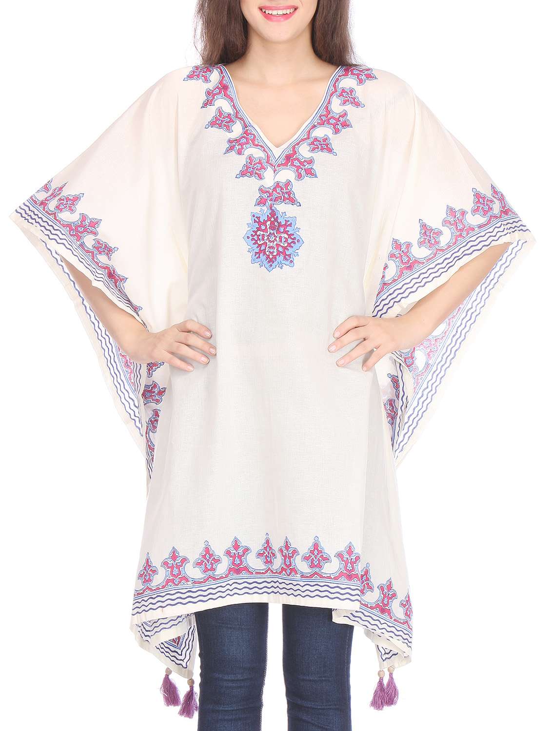 White hand block print cotton kaftan