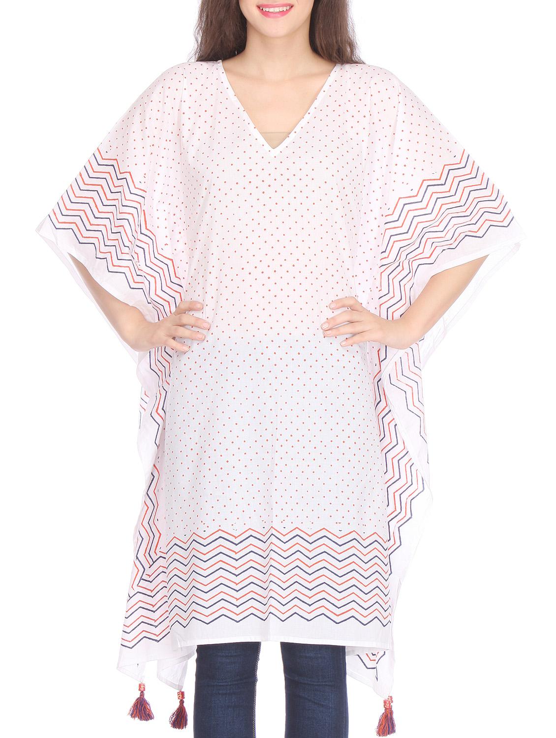 White hand block print cotton kaftan