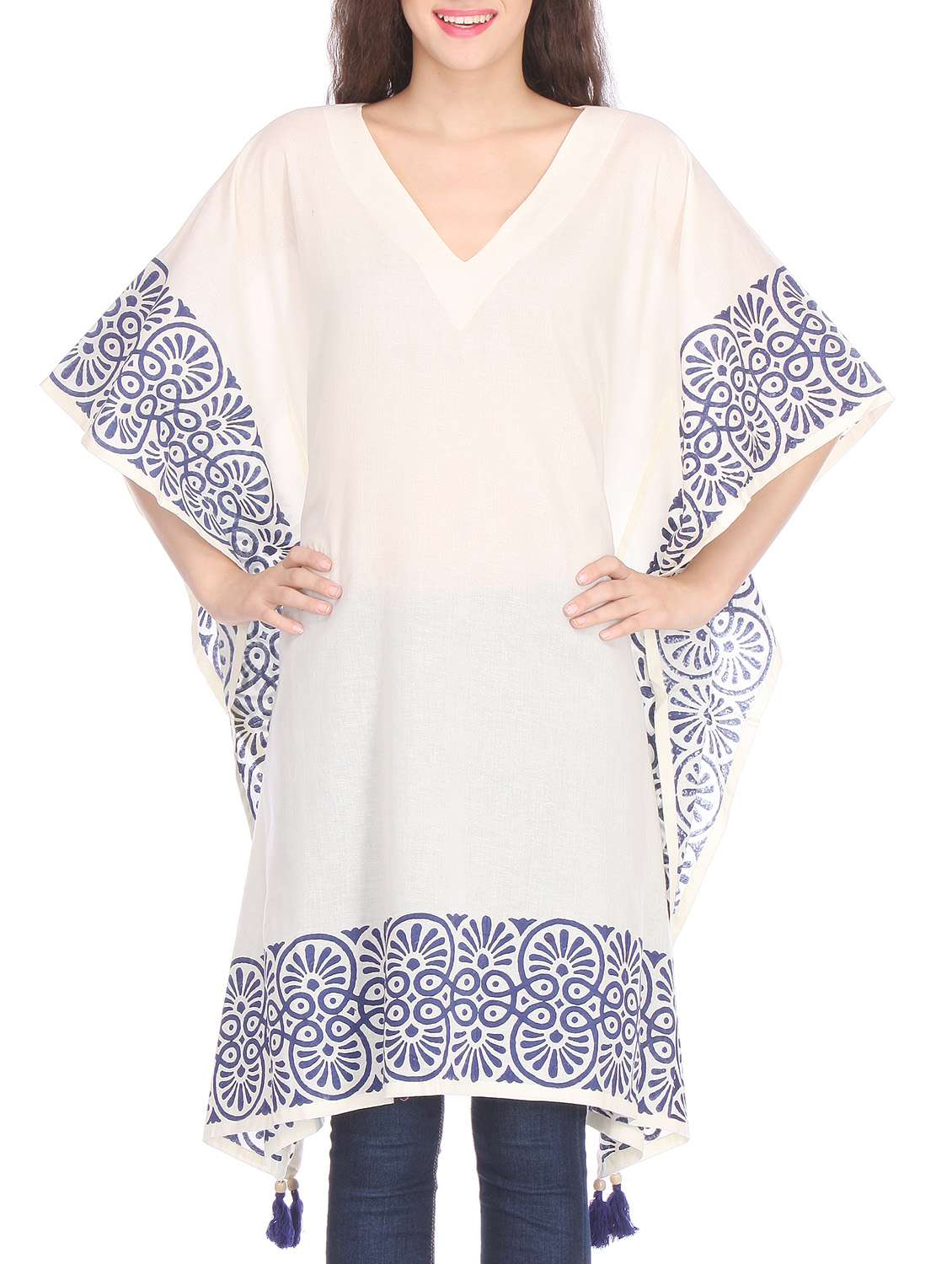 Off-white hand block print cotton kaftan