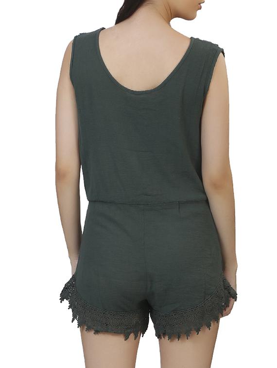 solid bottle green cotton romper - 11608347 - Standard Image - 2