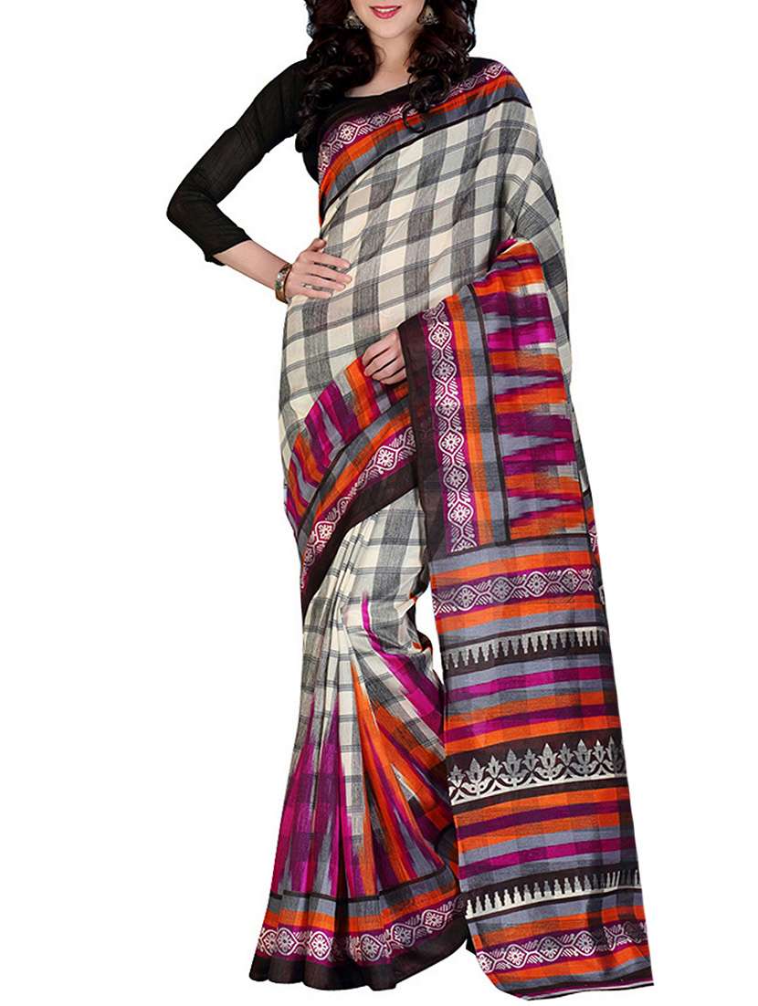 multi colored banglori silk printed saree with blouse