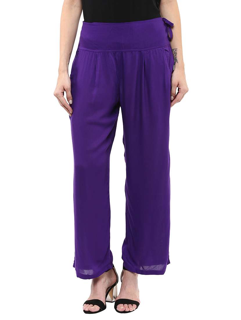 women solid pleated wide leg trouser
