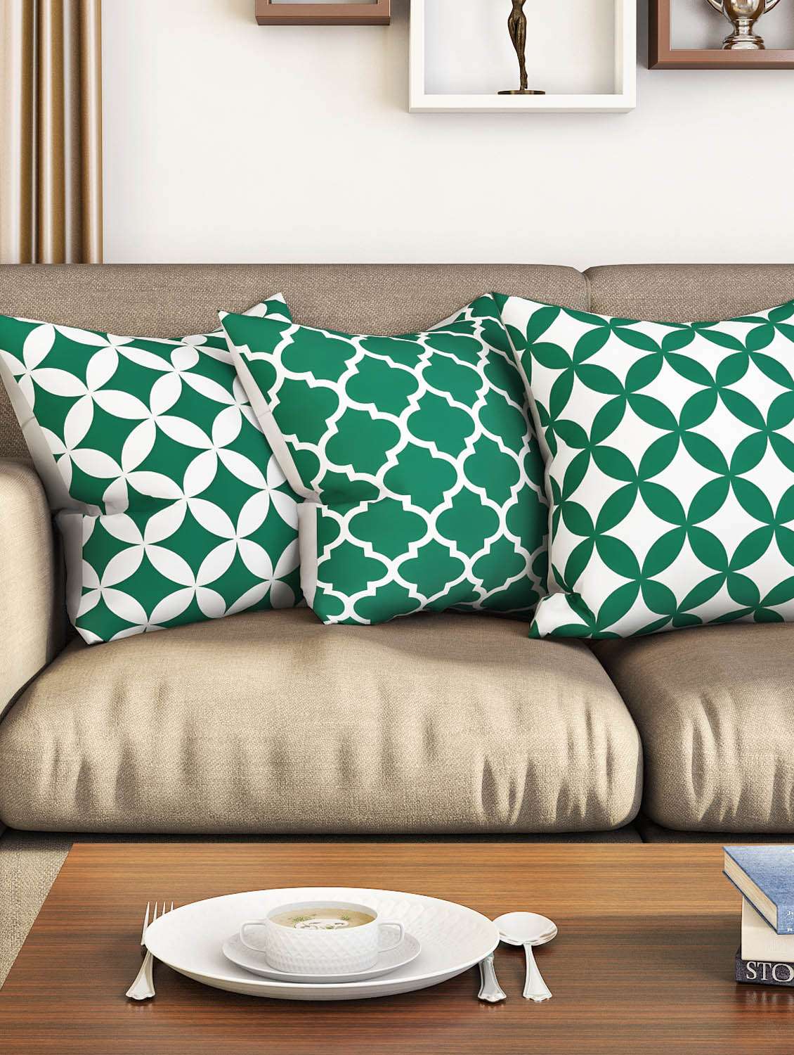 green cotton set of 3 cushion covers