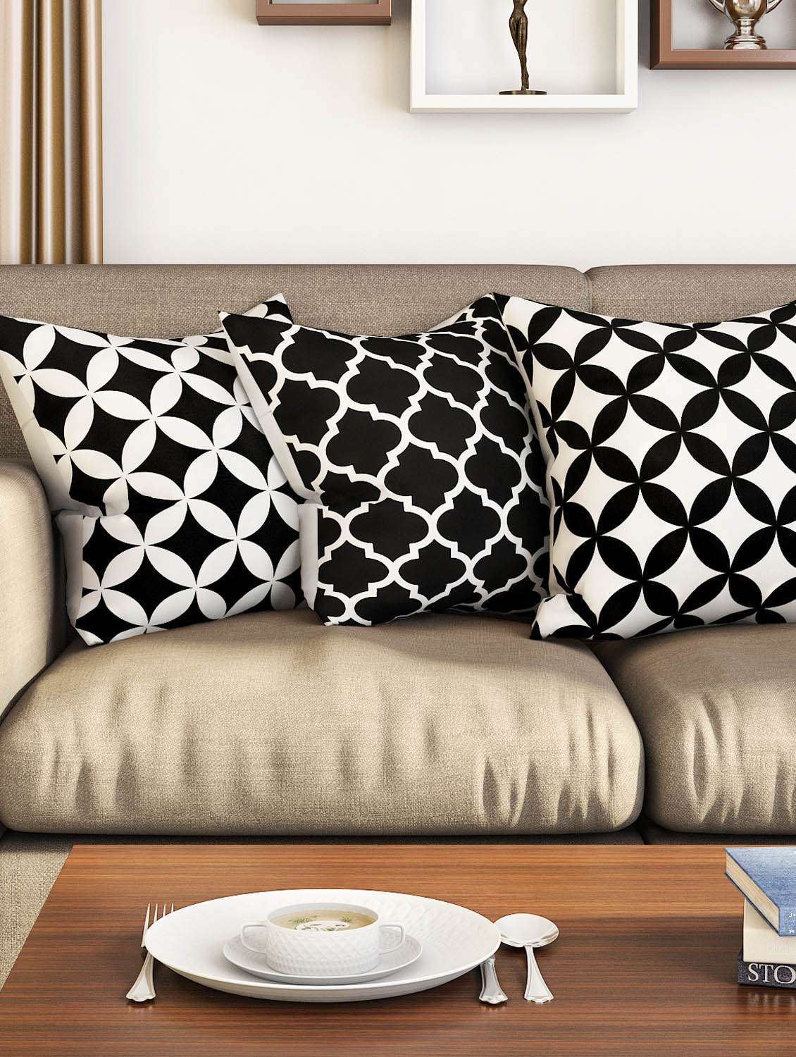 black cotton set of 3 cushion covers