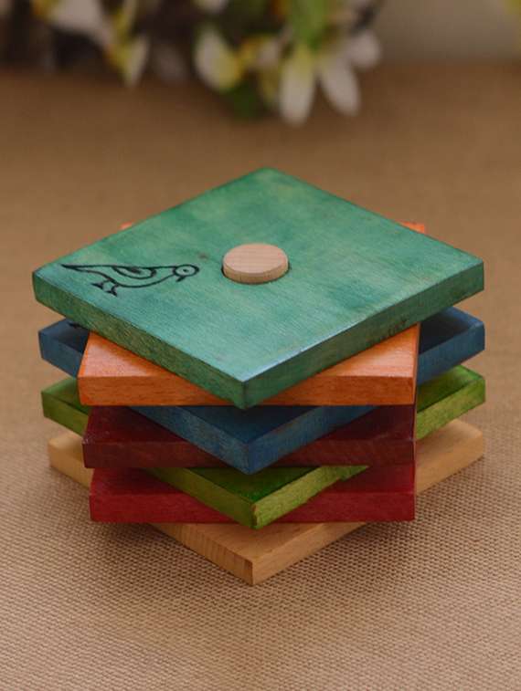 multi-coloured wooden coaster set