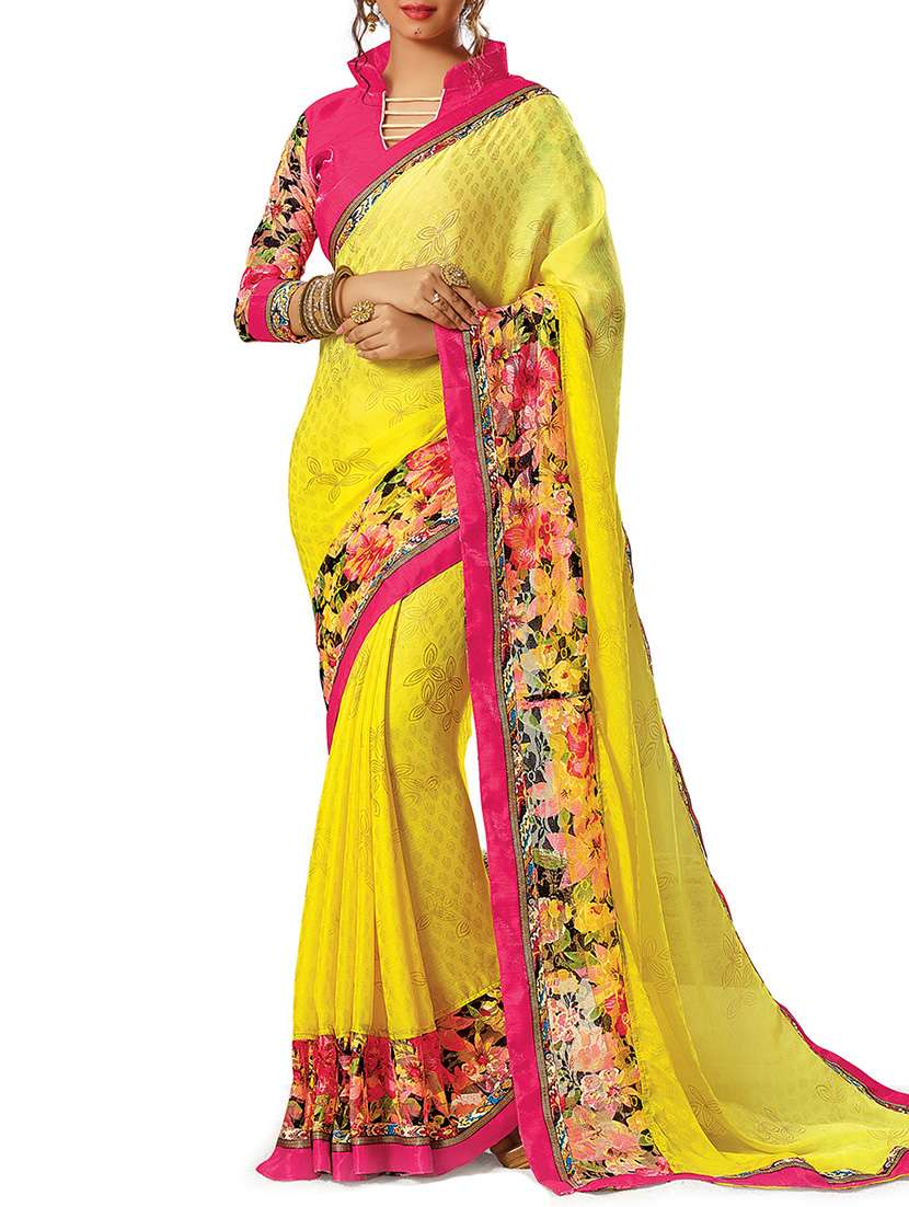 yellow georgette lace bordered printed saree with blouse