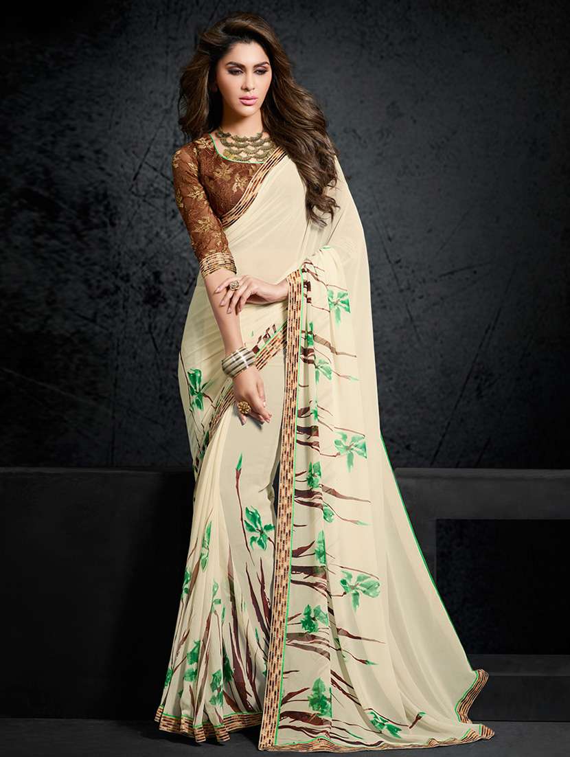 women's printed beige colored saree