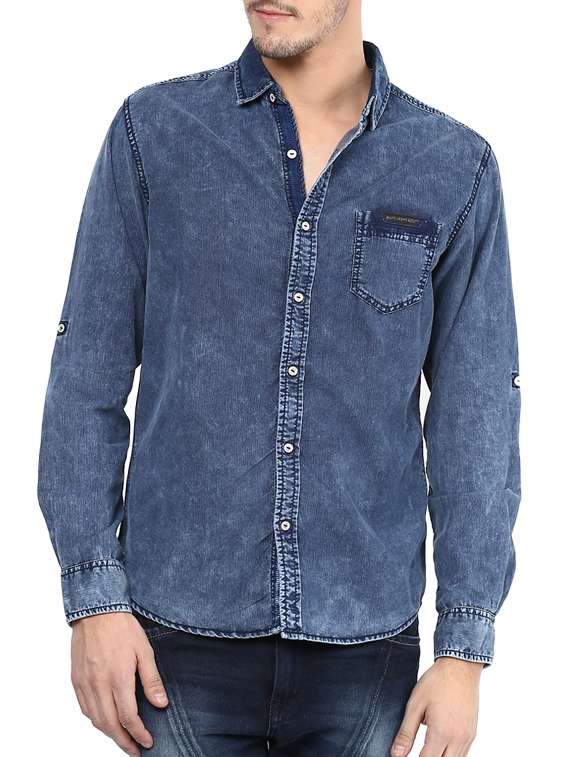 mufti mens blue slim fit mid rise casual shirts