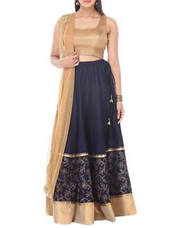 Navy blue silk flared unstitched lehenga