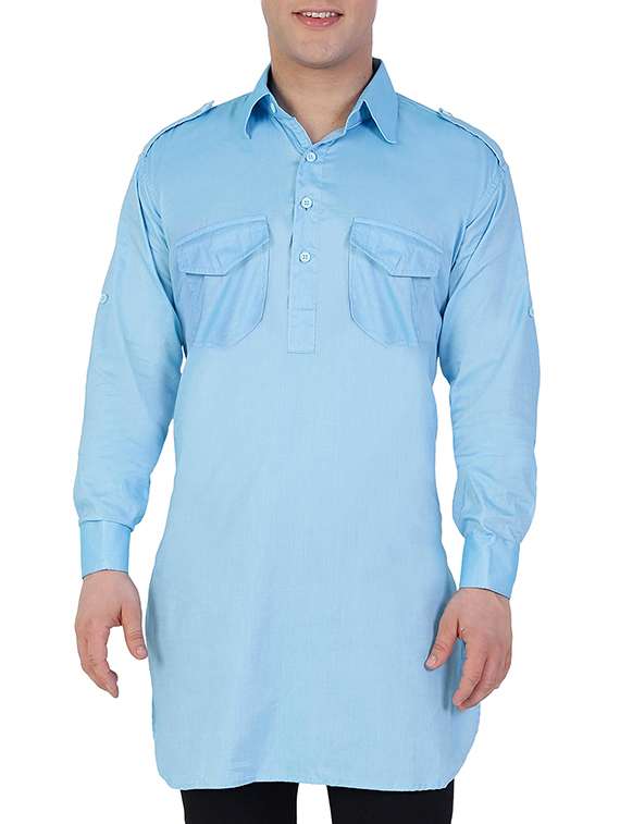 solid light blue cotton pathani kurta