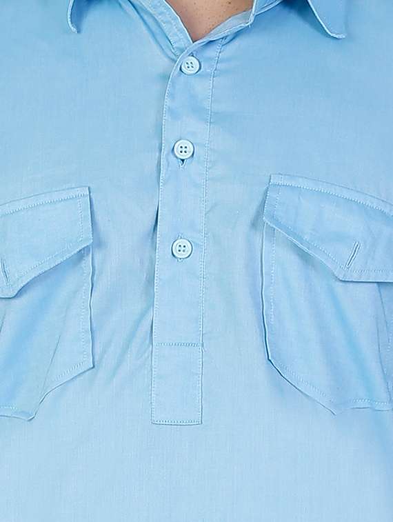 solid light blue cotton pathani kurta - 11727940 -  Standard Image - 2