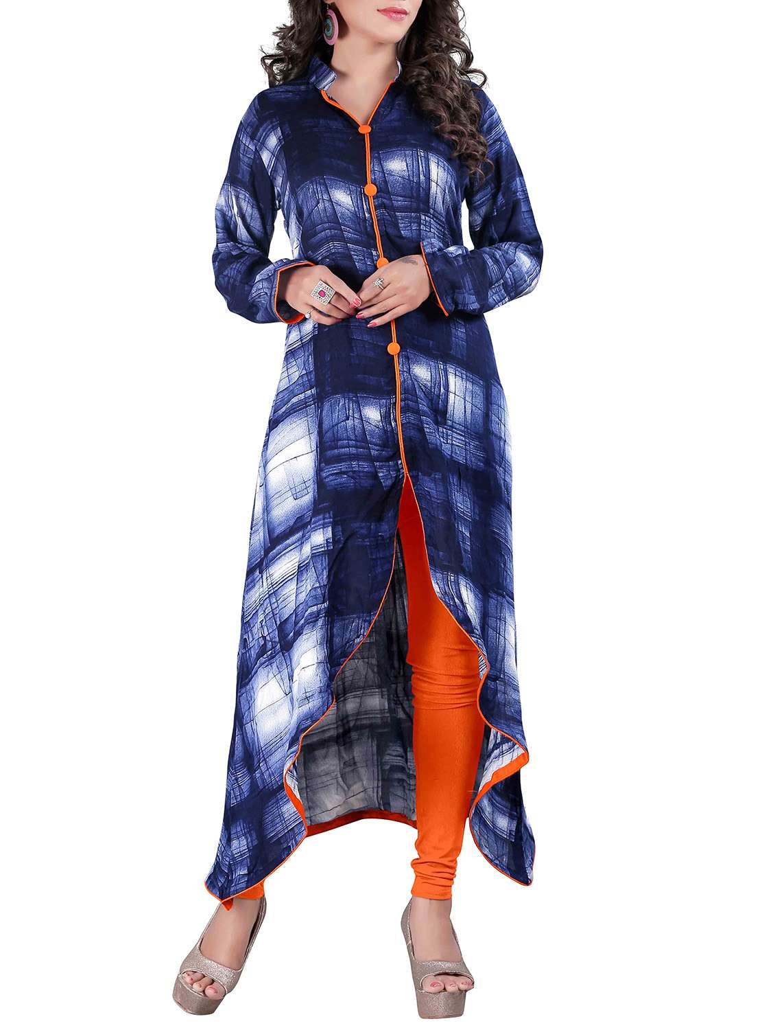 blue cotton straight printed assymmetric kurta