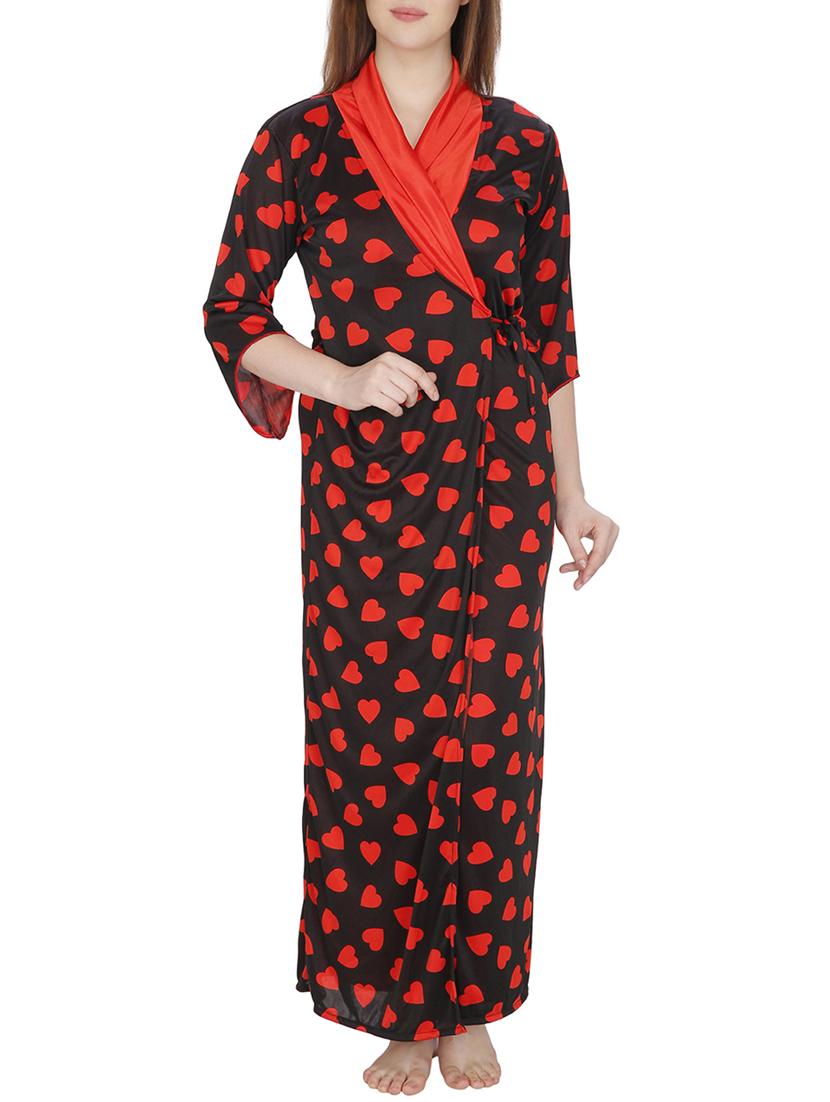 red printed satin robe and nighty set - 11748378 - Standard Image - 2