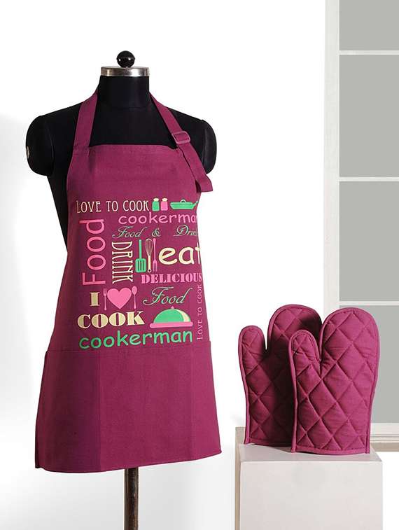 set of 3 maroon and cream colour printed cotton kitchen