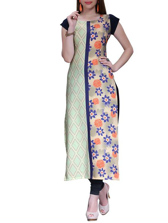 blue colored crepe printed long kurta