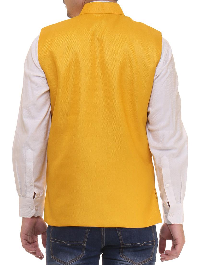 solid yellow cotton nehru jacket - 11764113 - Standard Image - 2