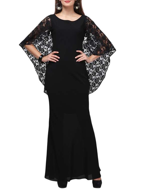 cape sleeved lace detail maxi dress