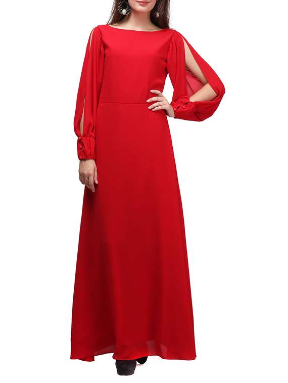 cowl back slit sleeved maxi dress