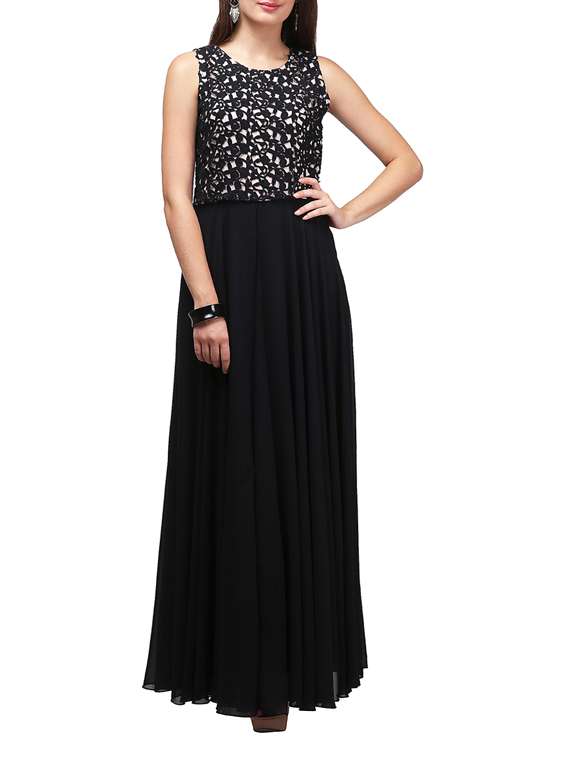 round neck lace panel maxi  dress