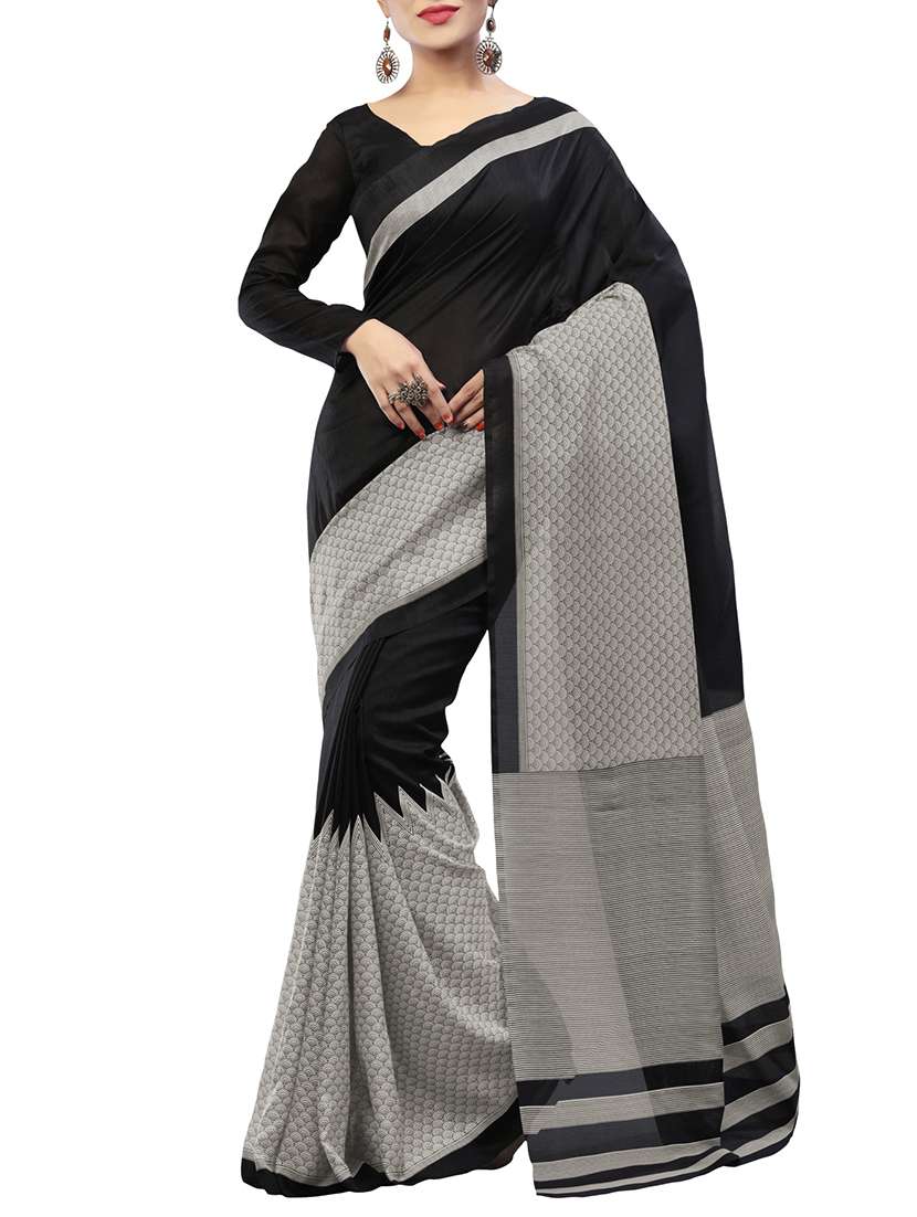 black and grey art silk printed saree with blouse