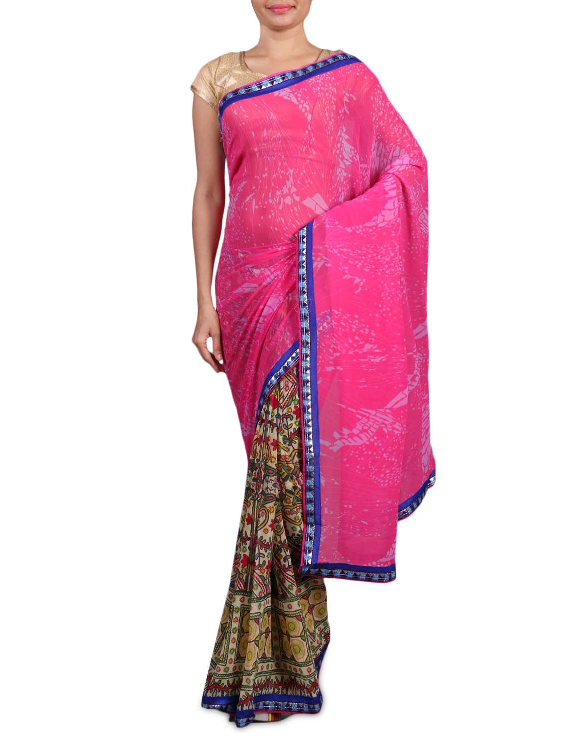 pink printed georgette saree
