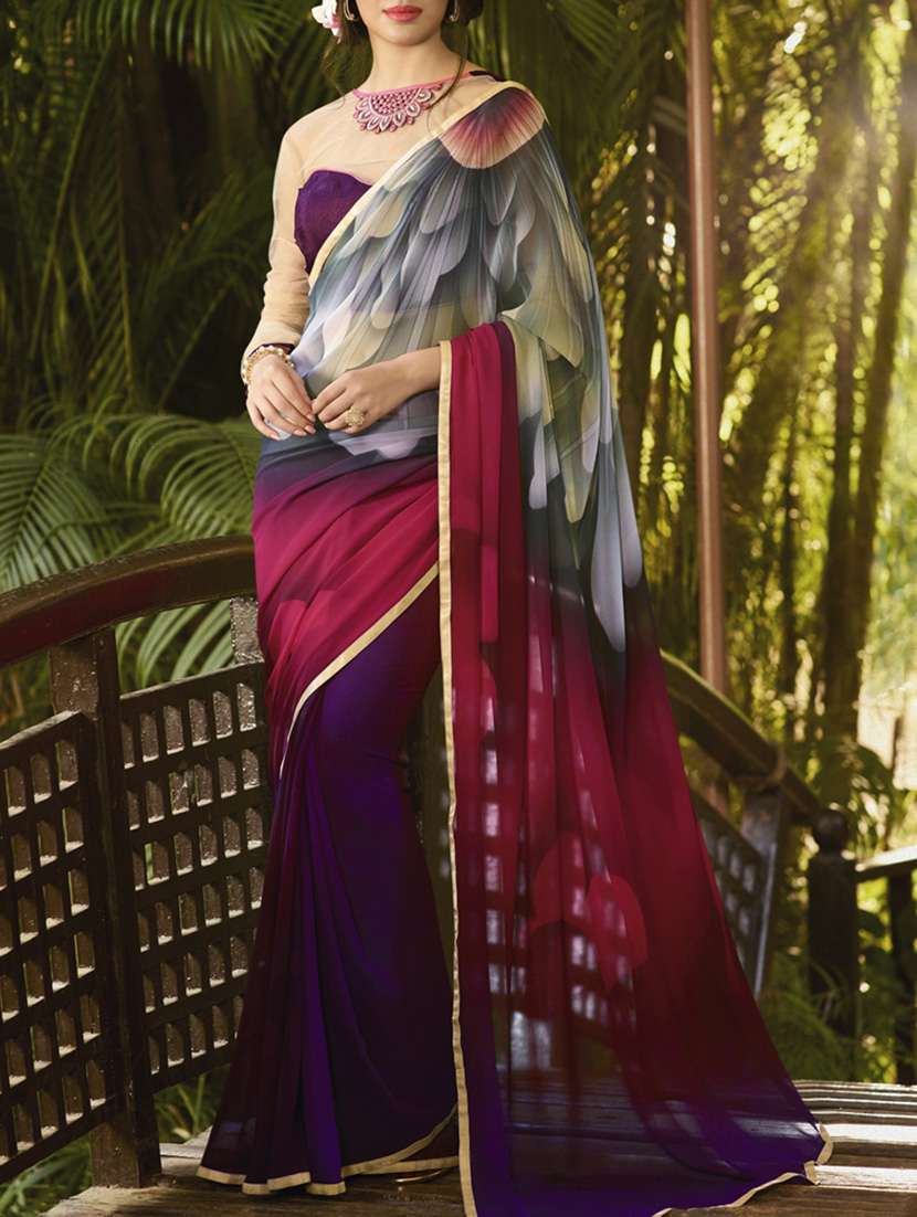 purple georgette printed half and half saree
