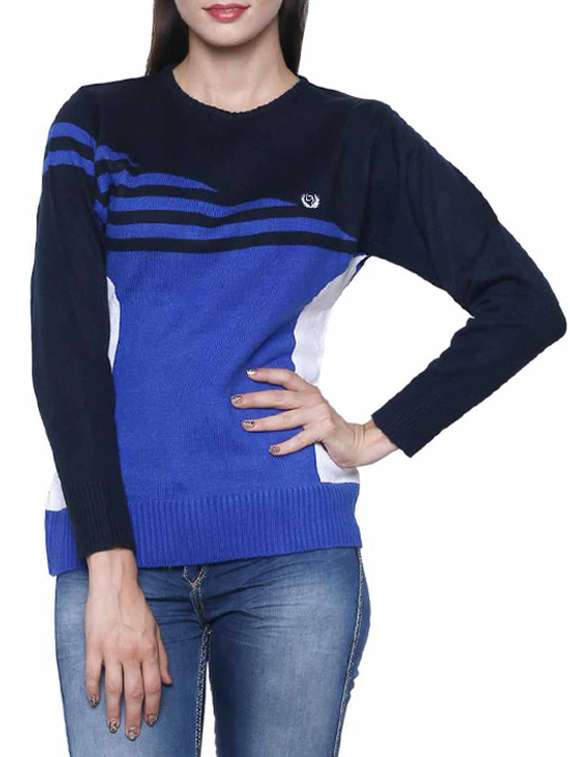 blue and black color block acrylic pullover