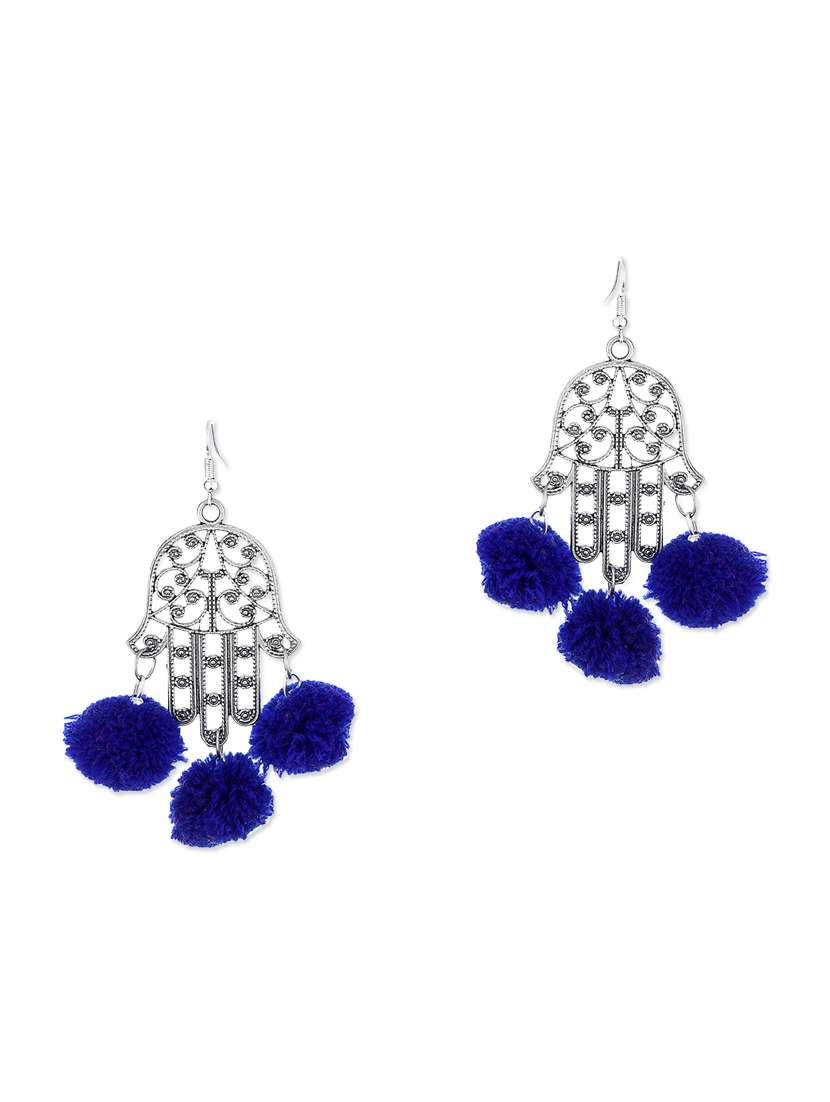 silver and blue pom pom embellished metal earrings