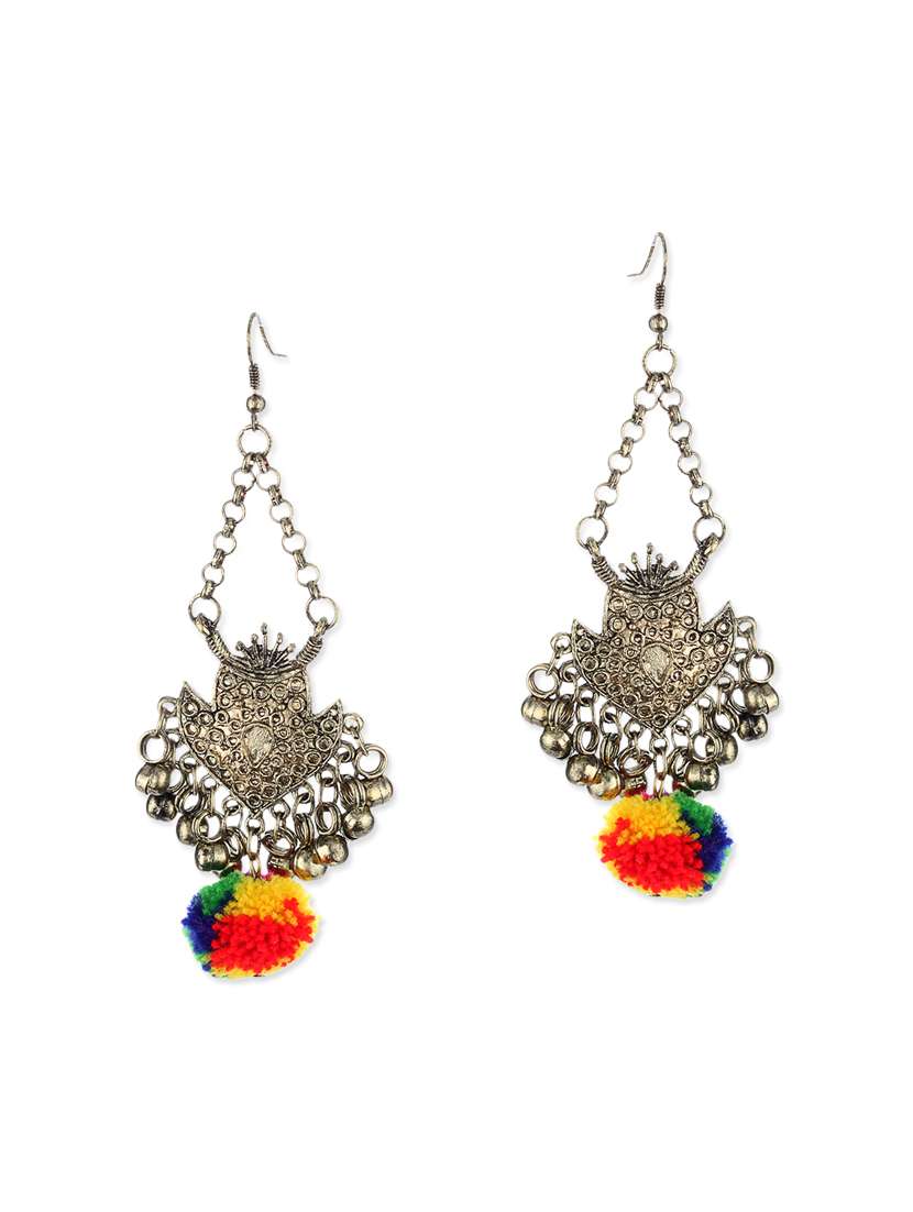 multicoloured pom pom embellished metal earrings