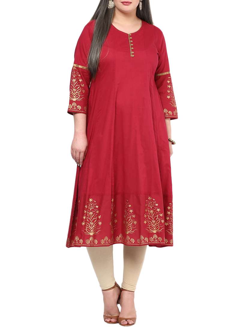 red foil printed cotton flared kurta