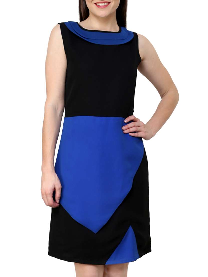 black and blue dress with double collar neck line